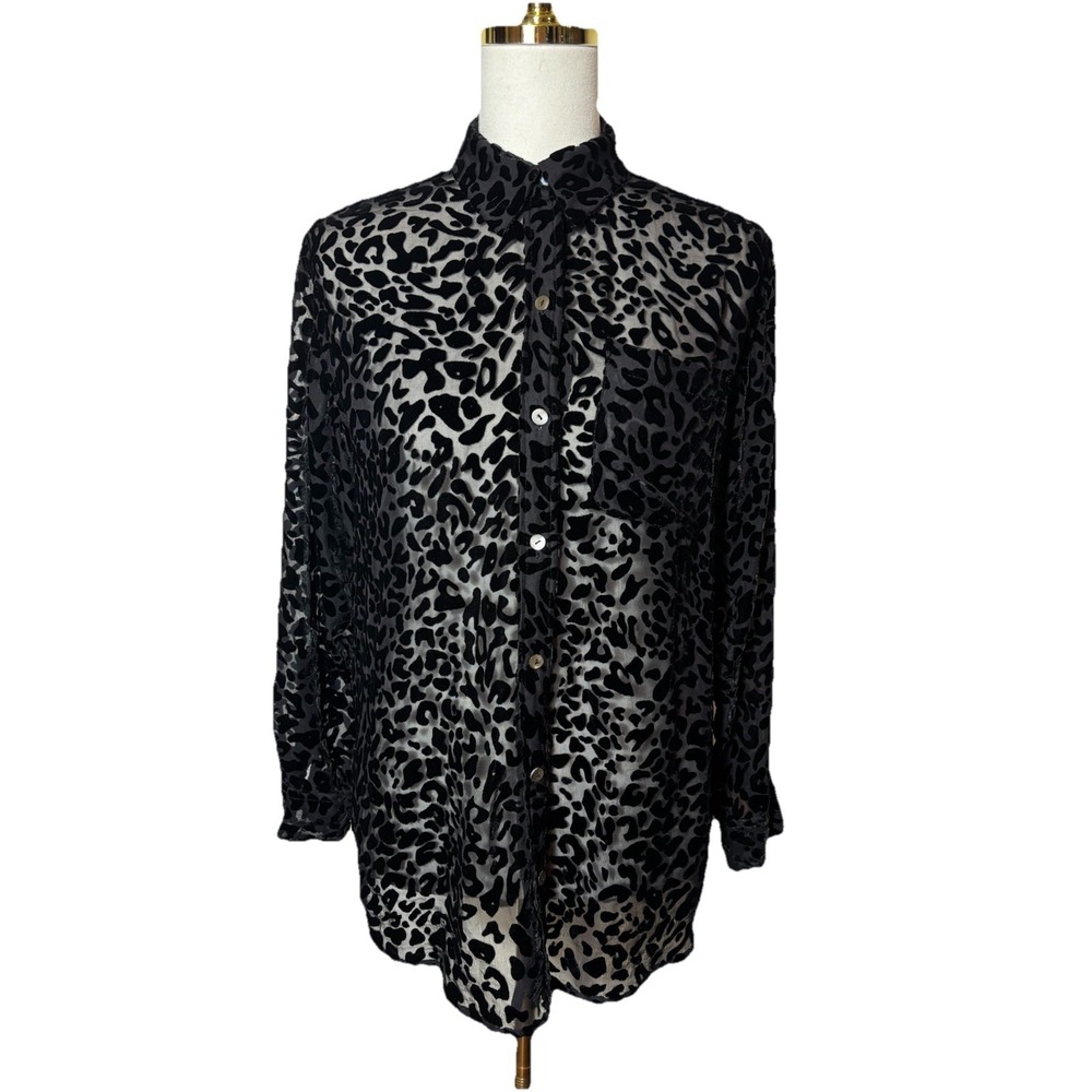 Equipment Femme Silk Blouse Size XS Black Crushed Velvet Leopard Print Button Up